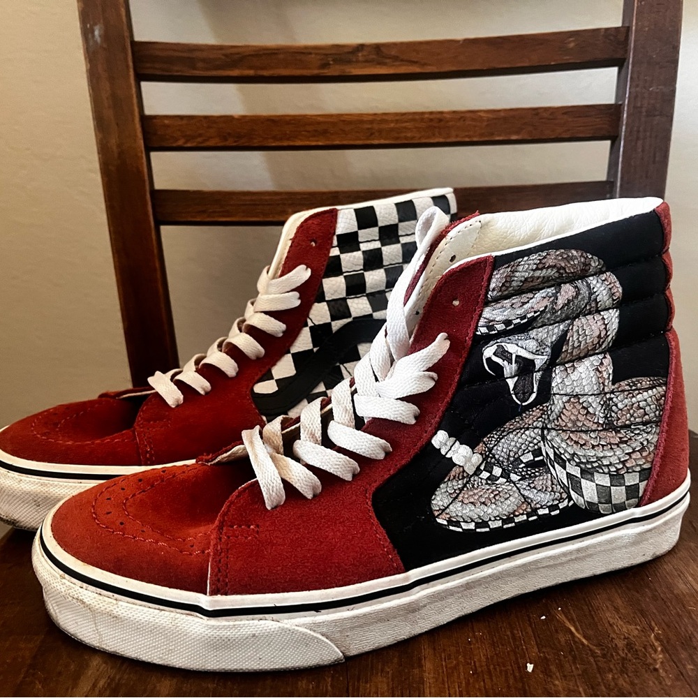 Vans Red and Black Snake Print High-Top snake Sneakers